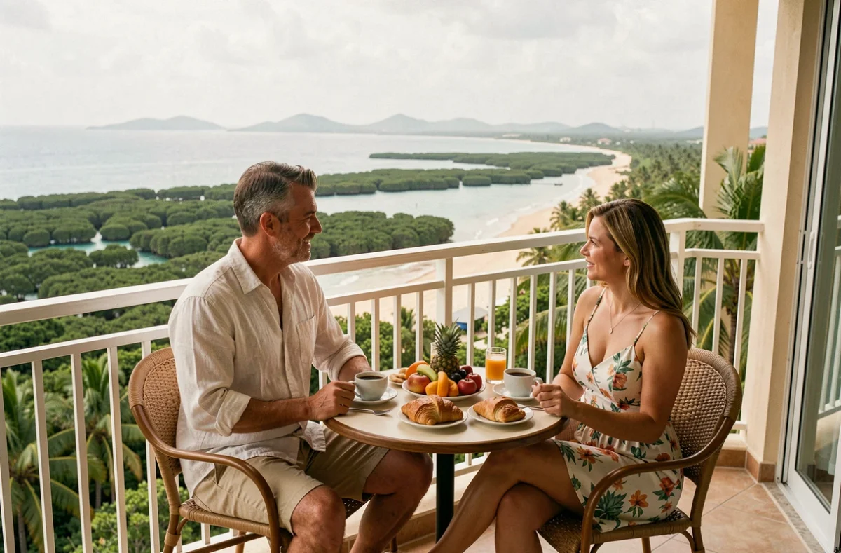 Couple prenant le petit-déjeuner sur le balcon d'une suite d'hôtel 5 étoiles en Guadeloupe avec vue panoramique sur la côte caraïbe