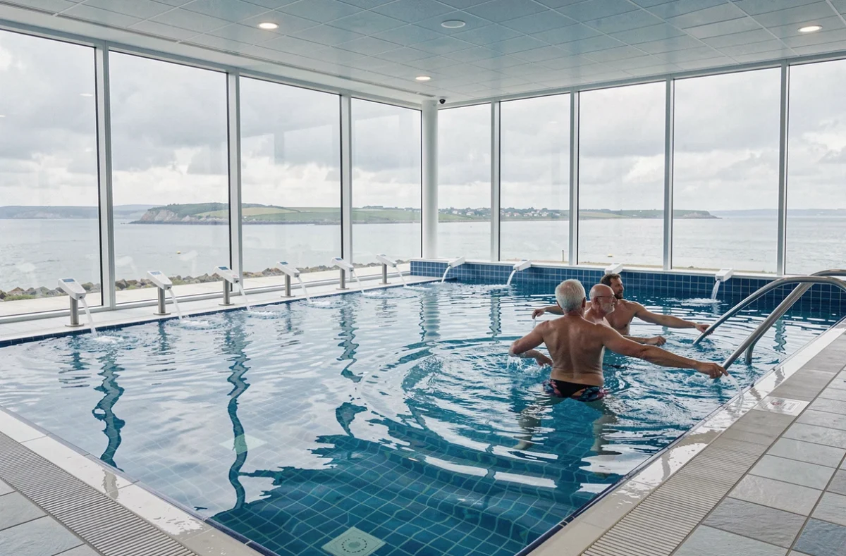 Piscine de thalassothérapie de l'Hôtel de la Baie Thalasso Prévithal avec vue sur le littoral normand et jets d'eau marine