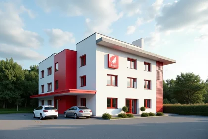 Façade extérieure de l'hôtel Ibis Budget Biarritz Anglet avec parking, entourée de végétation verte typique du Pays basque