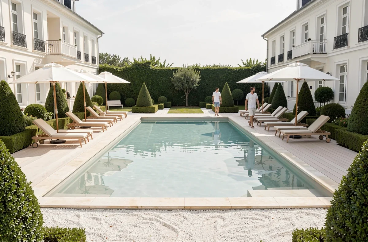 Piscine design de l'Hôtel Les Jardins de Deauville entourée de topiaires et de transats blancs dans un cadre Belle Époque