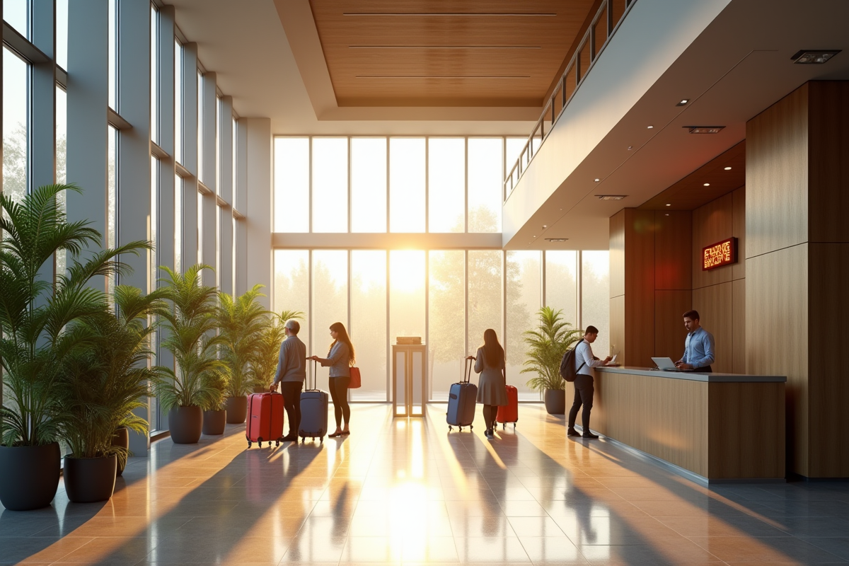 Lobby d'hôtel moderne avec grandes fenêtres et voyageurs