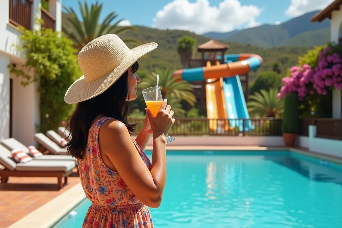 Femme en chapeau de paille profitant de la piscine d'un hôtel de parc d'attractions en Espagne