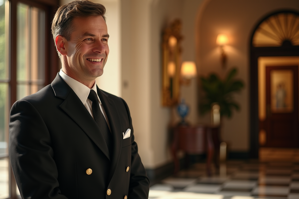 Concierge d'hôtel accueillant avec sourire dans un hall élégant