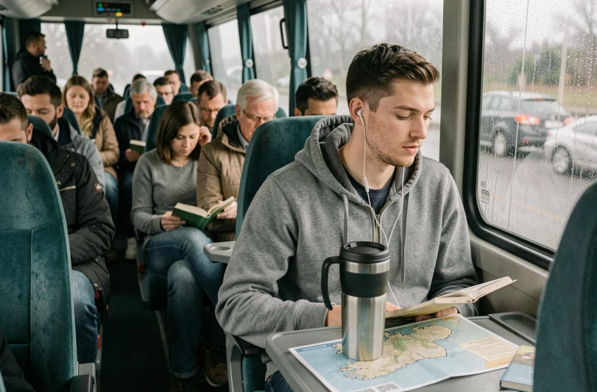 Intérieur d'un bus irlandais avec des voyageurs, jeune homme avec carte routière de l'Irlande en voyage économique