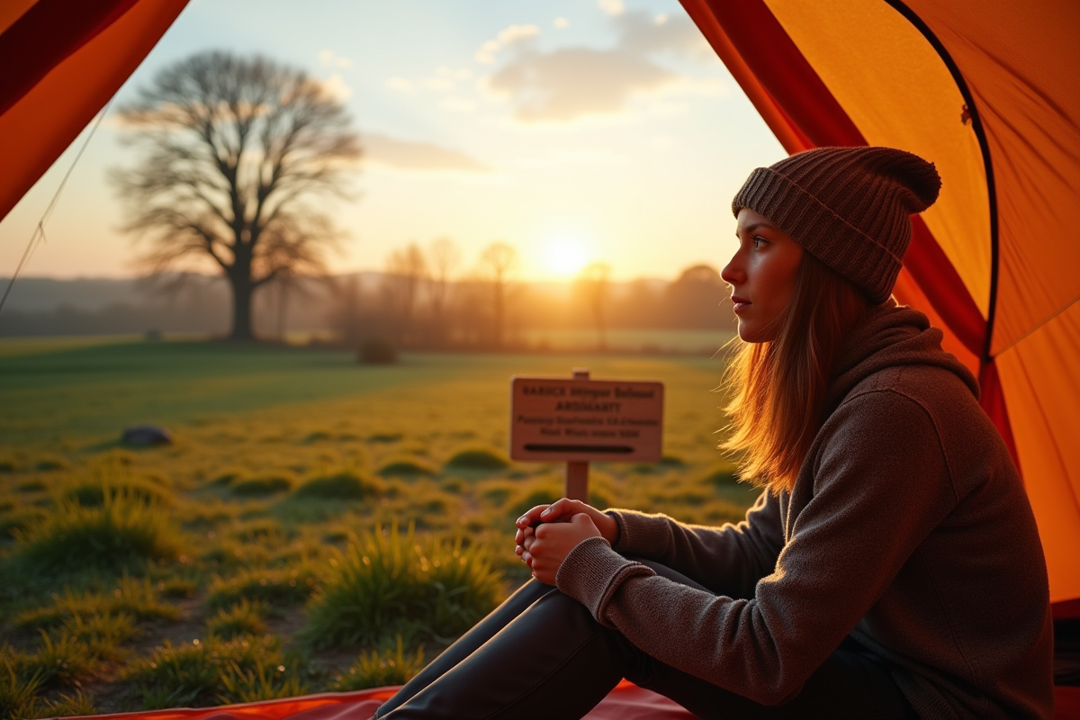 Jeune campeur au lever du soleil dans une réserve naturelle belge