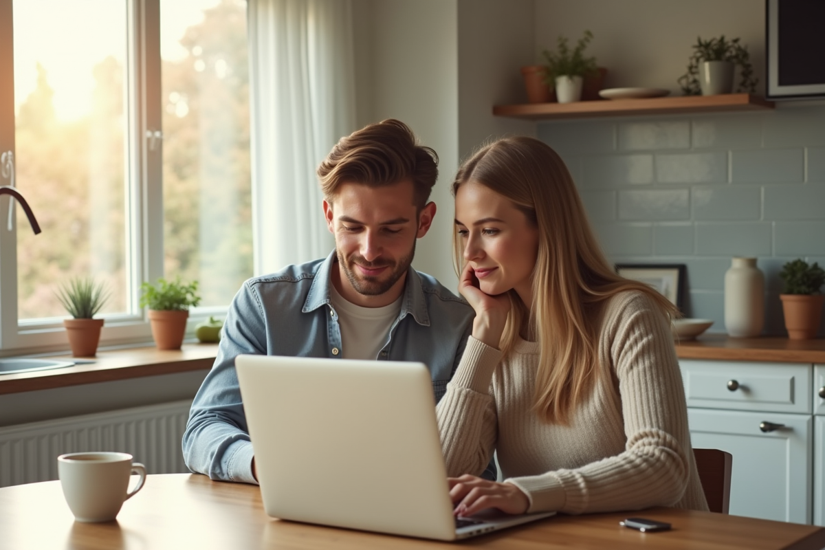 Jeune couple dans la cuisine regardant un ordinateur portable