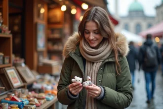 Jeune femme souriante examine un souvenir à Berlin