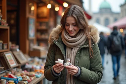 Jeune femme souriante examine un souvenir &agrave; Berlin