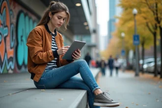 Jeune femme en bomber regardant une tablette en ville