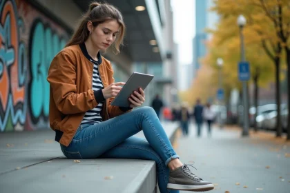 Jeune femme en bomber regardant une tablette en ville