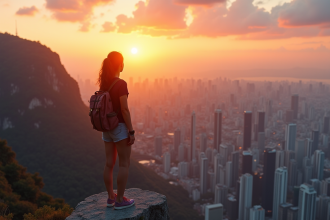 Jeune femme avec sac à dos au lever du soleil sur la ville