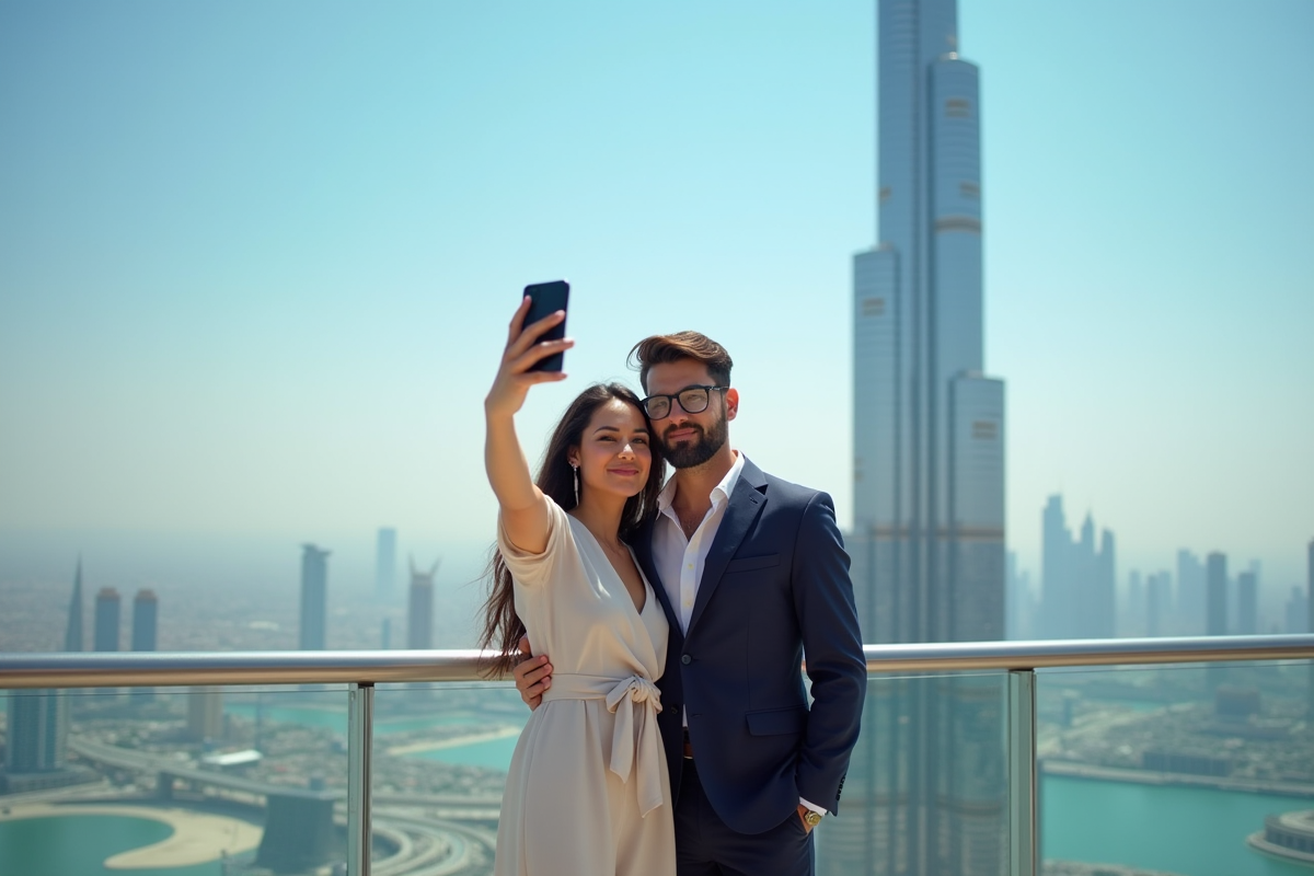 Jeune femme et homme prenant un selfie au Burj Khalifa