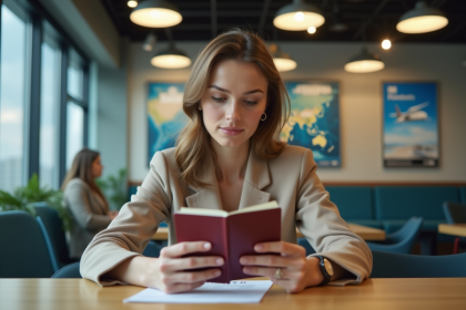 Jeune femme vérifiant son passeport dans une agence de voyage