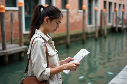 Jeune femme consultant un plan de vaporetto sur un embarcad&egrave;re de Venise avec le Grand Canal en arri&egrave;re-plan