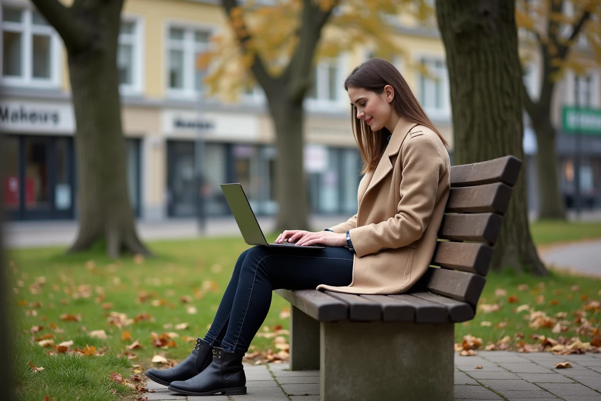 Jeune femme travaillant sur ordinateur portable dans un parc public de Rodange Luxembourg alliant télétravail et cadre naturel