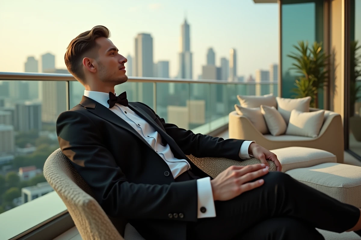 Jeune homme en smoking sur un balcon avec vue urbaine