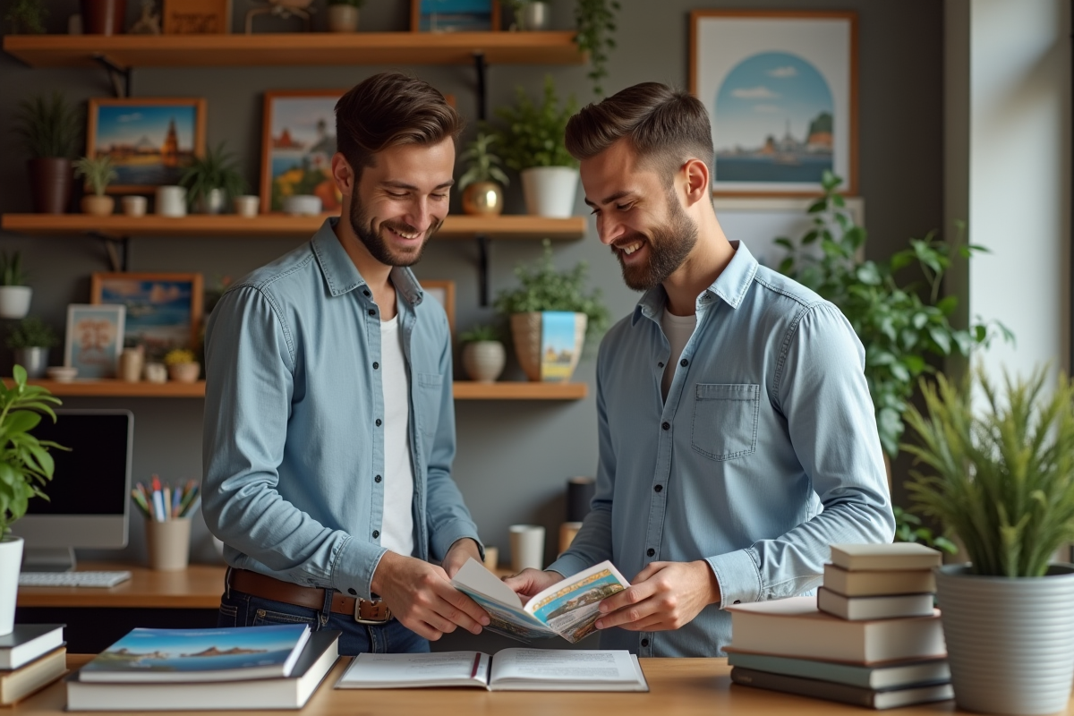 Jeune homme examinant des brochures de voyage dans une agence