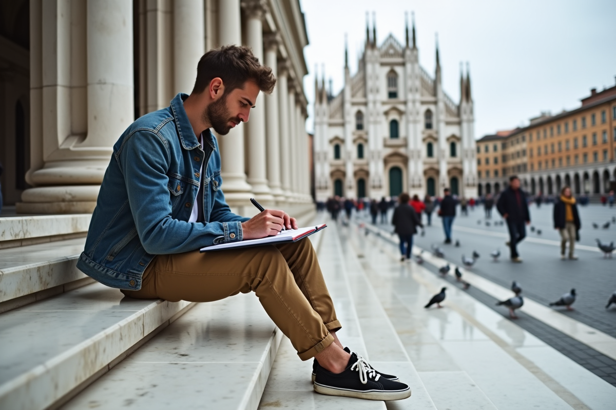 Jeune homme esquissant la cathédrale de Milan sur les marches