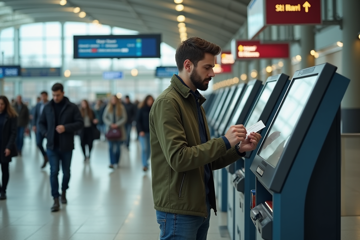 Jeune homme utilisant un kiosque à billets dans la gare