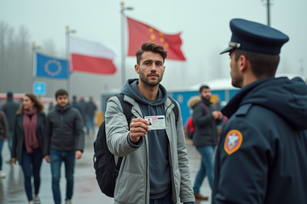 Jeune homme montrant sa carte d identite a la frontière