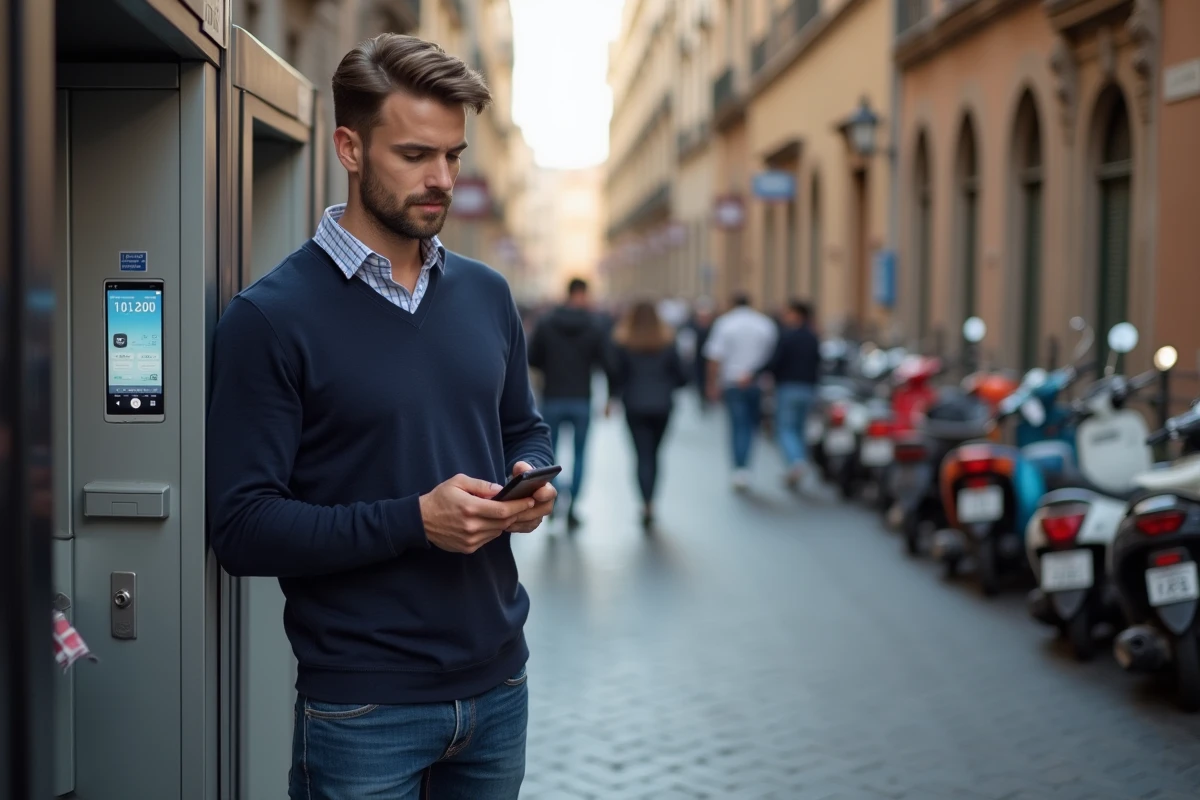 Jeune homme au t&eacute;l&eacute;phone public dans une rue italienne