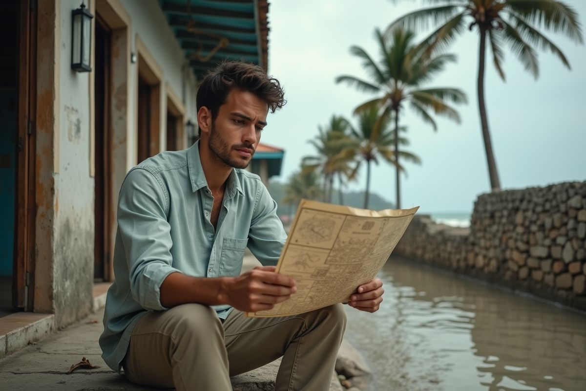 Jeune homme regardant une carte de relocalisation devant une maison