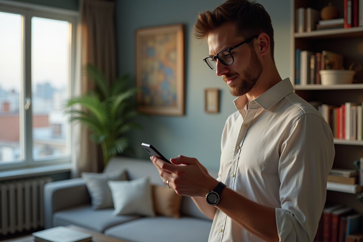 Jeune homme avec smartphone dans un salon urbain cosy