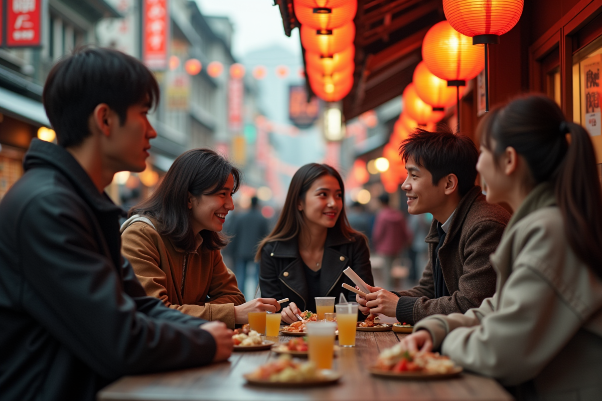 Jeunes français dégustant street food à Tokyo