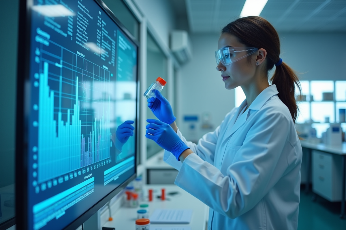 Chercheur en laboratoire manipulant un échantillon avec données numériques