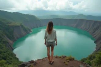 Voyageuse contemplant le lac de cratère volcanique émeraude dans les hautes terres de Mindanao aux Philippines
