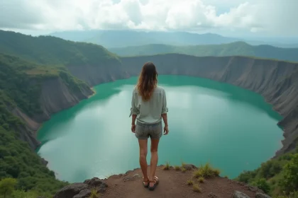 Voyageuse contemplant le lac de cratère volcanique émeraude dans les hautes terres de Mindanao aux Philippines
