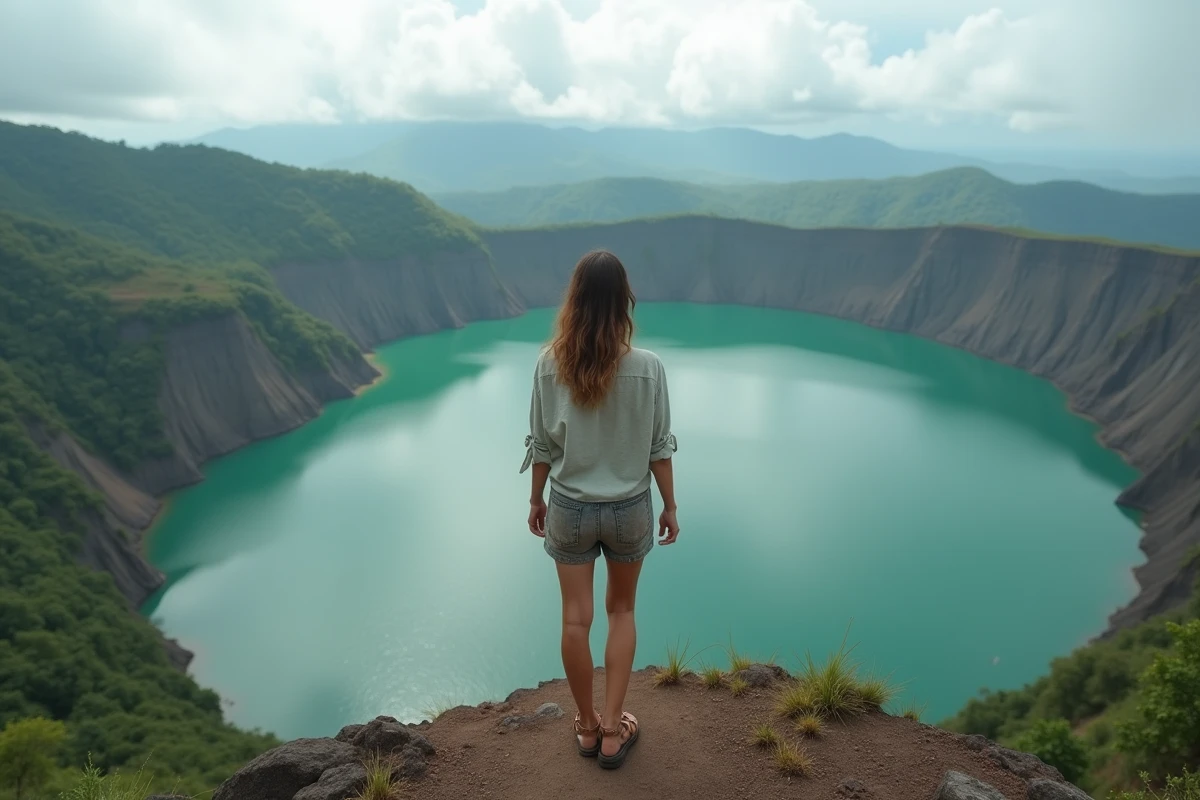Voyageuse contemplant le lac de cratère volcanique émeraude dans les hautes terres de Mindanao aux Philippines