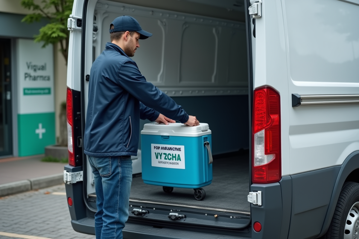 Livreur en extérieur chargeant un cooler de médicaments dans un van