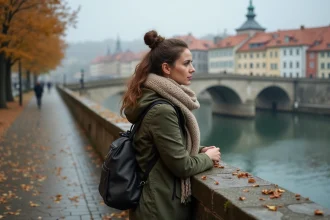 Voyageuse solitaire sur le Triple Pont de Ljubljana en automne hors saison, ambiance calme et rues désertes