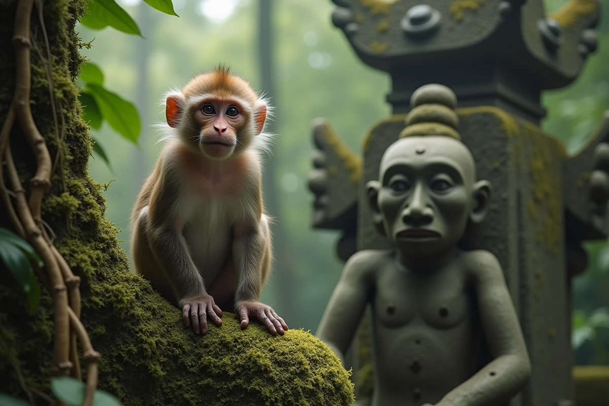 Macaque curieux sur une sculpture ancienne dans la foret aux singes