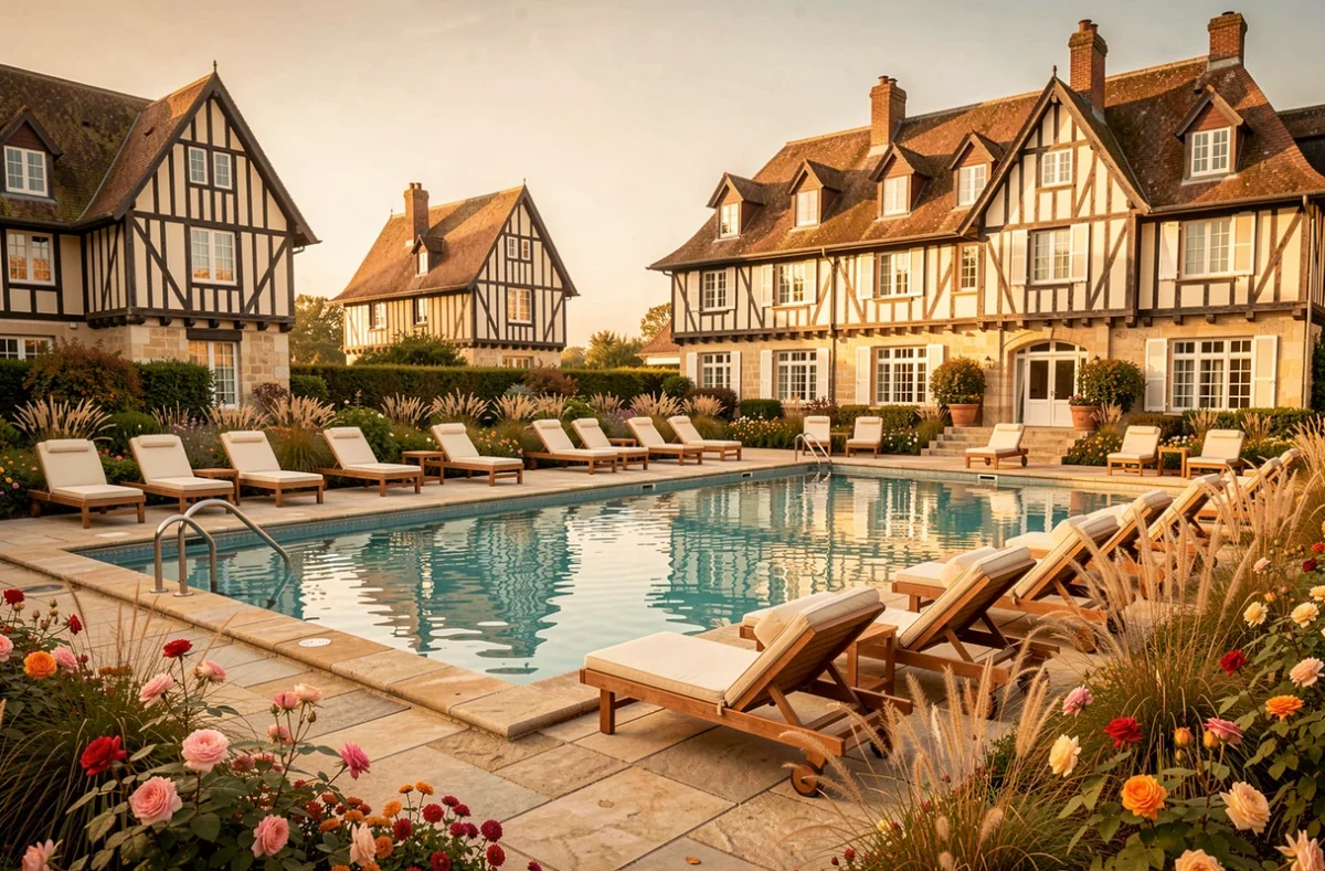 Piscine chauffée des Manoirs des Portes de Deauville avec les bâtiments à colombages normands encadrant le bassin