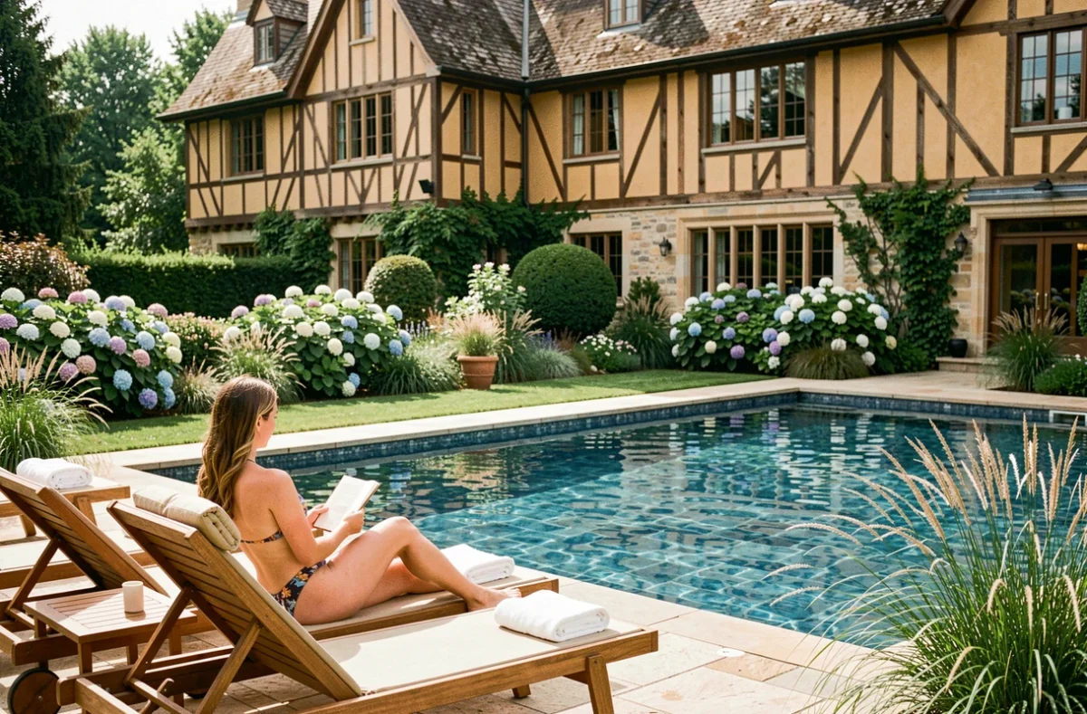 Piscine extérieure des Manoirs de Tourgéville avec l'architecture à colombages normande en arrière-plan et un jardin fleuri