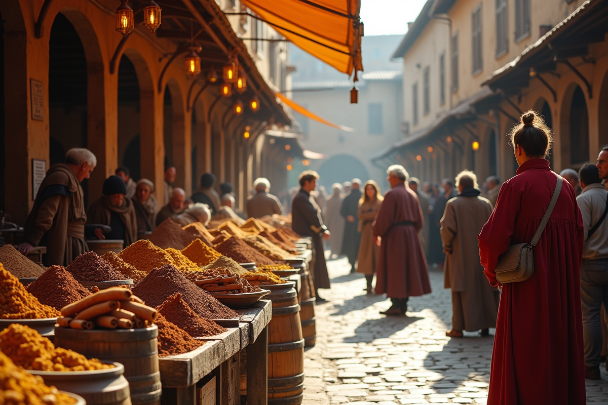 Marché médiéval européen avec épices et marchands