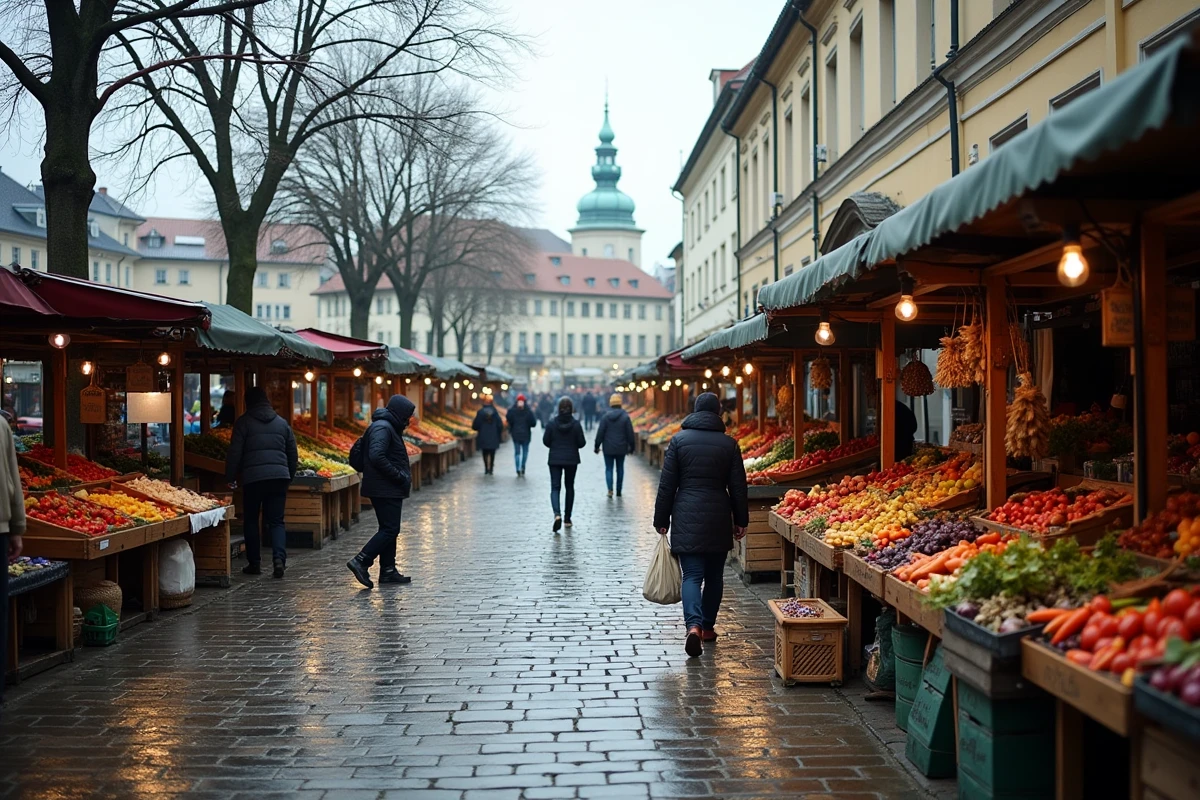Marché central de Ljubljana quasi désert en novembre, ambiance hors saison avec vendeurs locaux et cobblestones mouillés