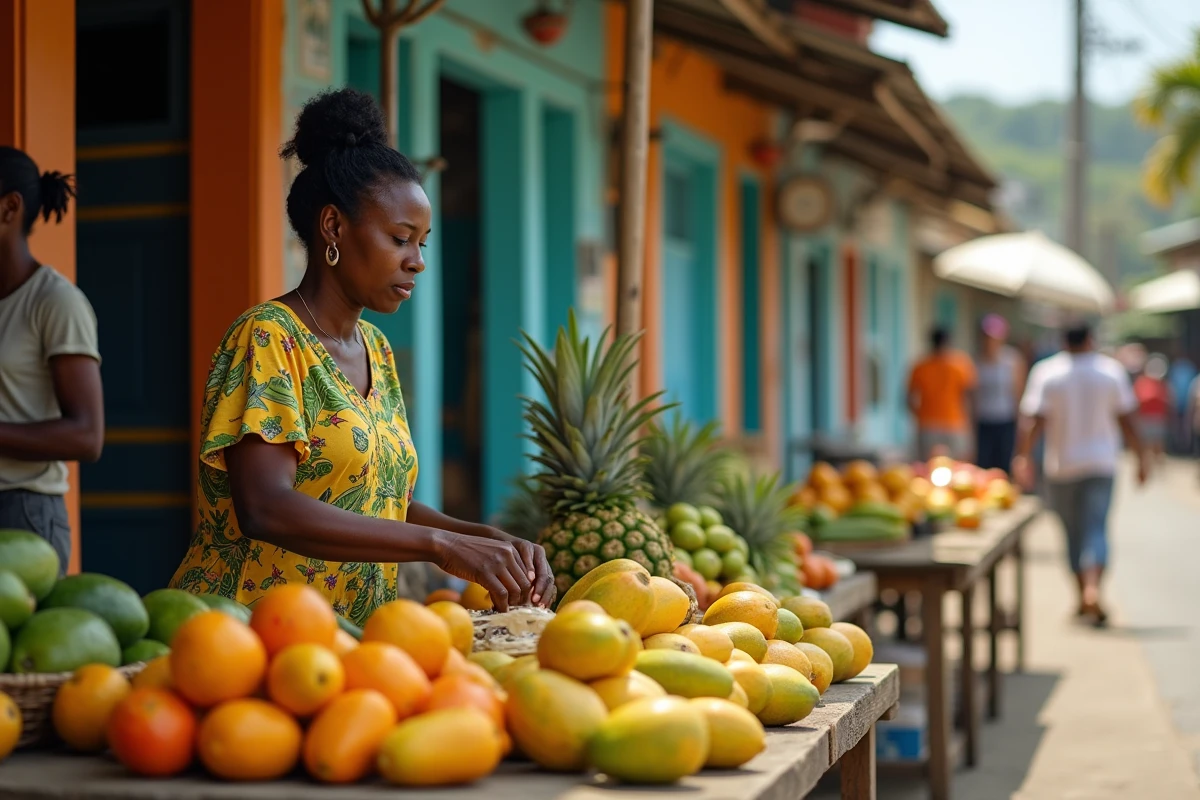 Marchande de fruits tropicaux sur un marché animé de Kingston, Jamaïque, avec des étals colorés et des façades coloniales en arrière-plan