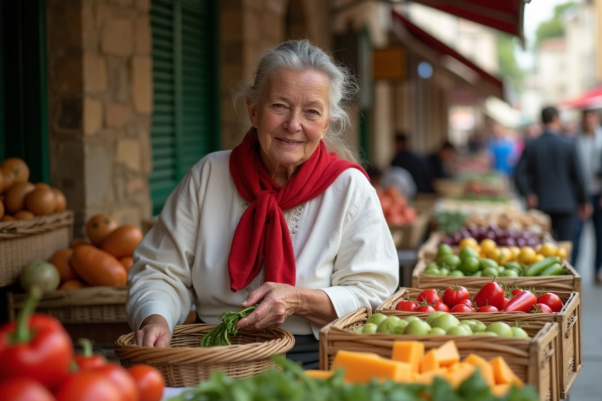 Femme basque arrangeant des légumes frais sur un étal de marché traditionnel au Pays basque, ambiance authentique de marché local