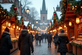 Marché de Noël de Heidelberg sur la Marktplatz avec chalets en bois, visiteurs en manteaux d'hiver et église du Saint-Esprit enneigée en arrière-plan