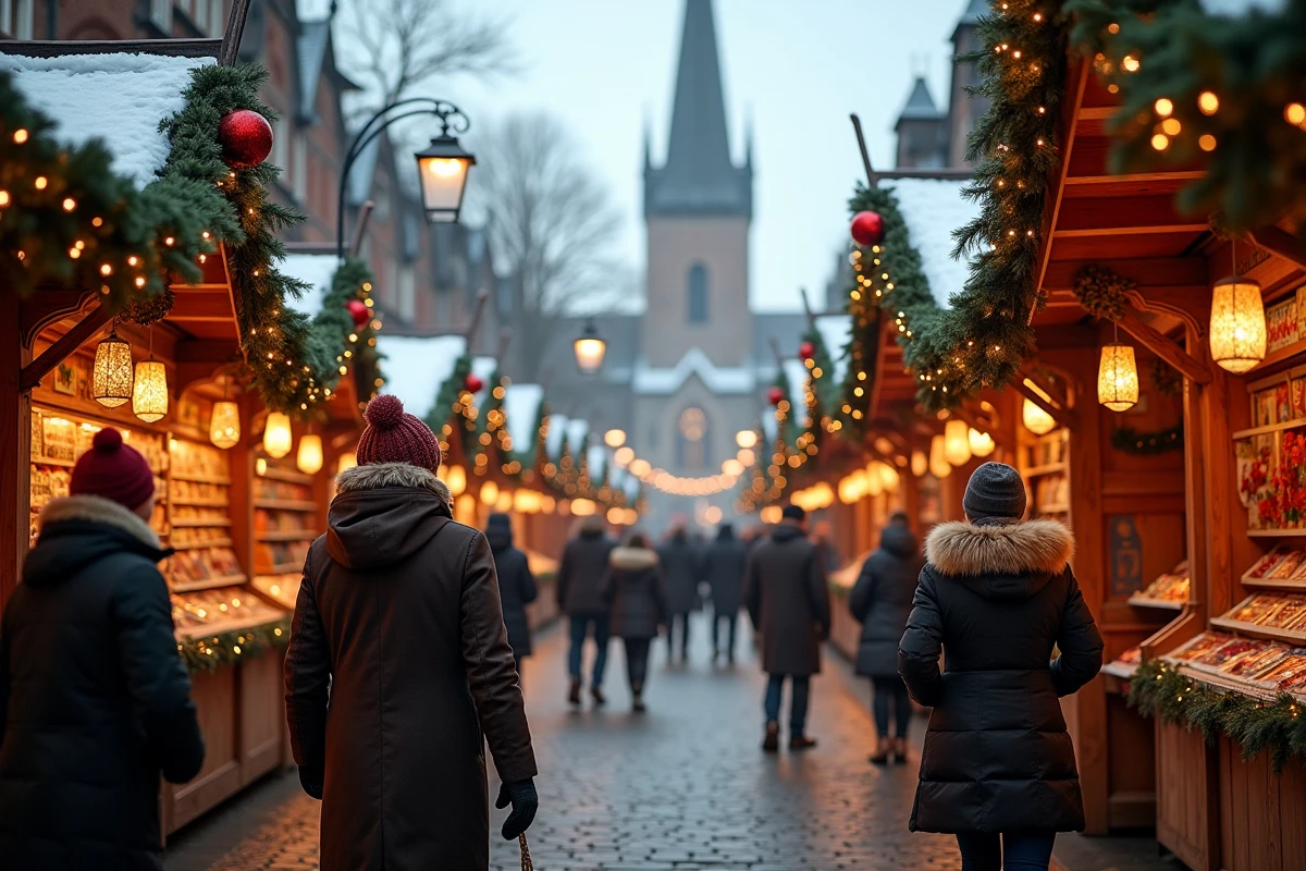 Marché de Noël de Heidelberg sur la Marktplatz avec chalets en bois, visiteurs en manteaux d'hiver et église du Saint-Esprit enneigée en arrière-plan