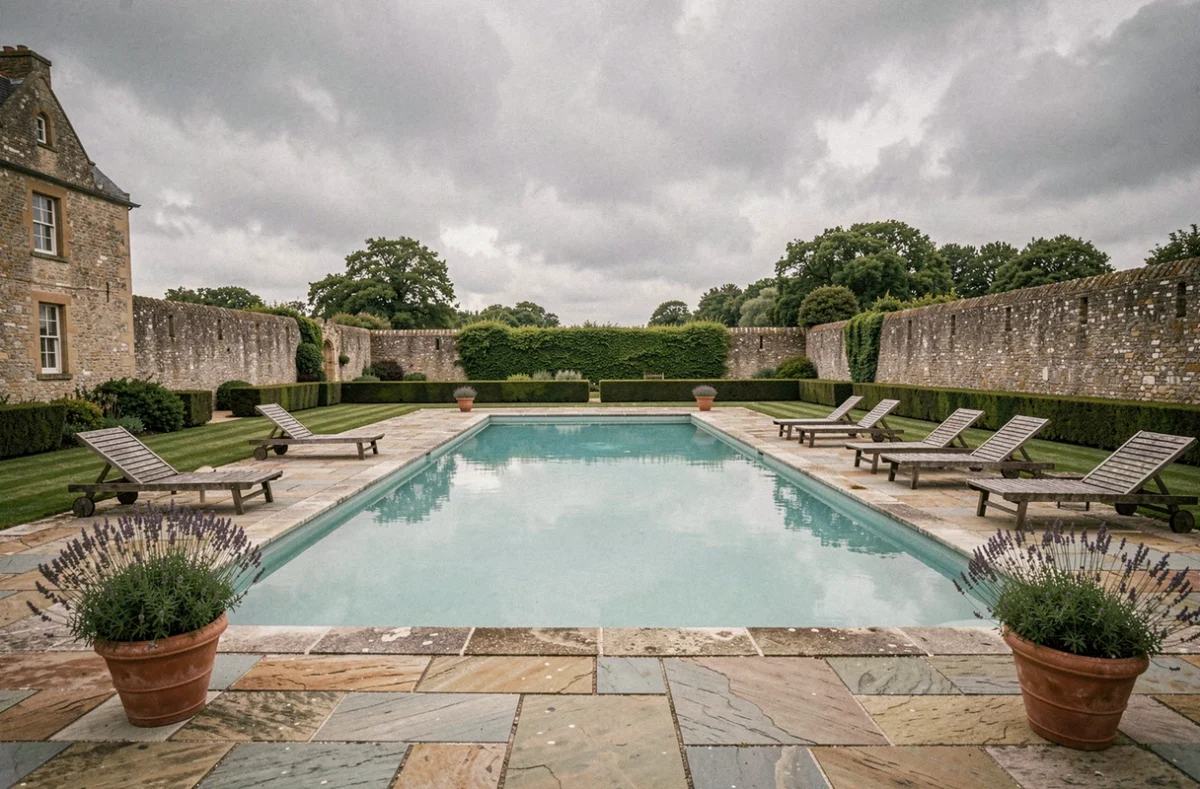 Piscine extérieure d'un hôtel de charme en Normandie, entourée de verdure et de murs en pierre normande sous un ciel nuageux