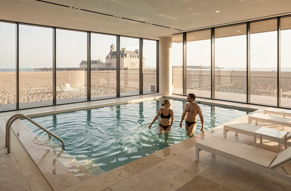 Piscine intérieure du Mercure Cabourg Hôtel et Spa avec fenêtres panoramiques donnant sur la plage et la promenade de Cabourg