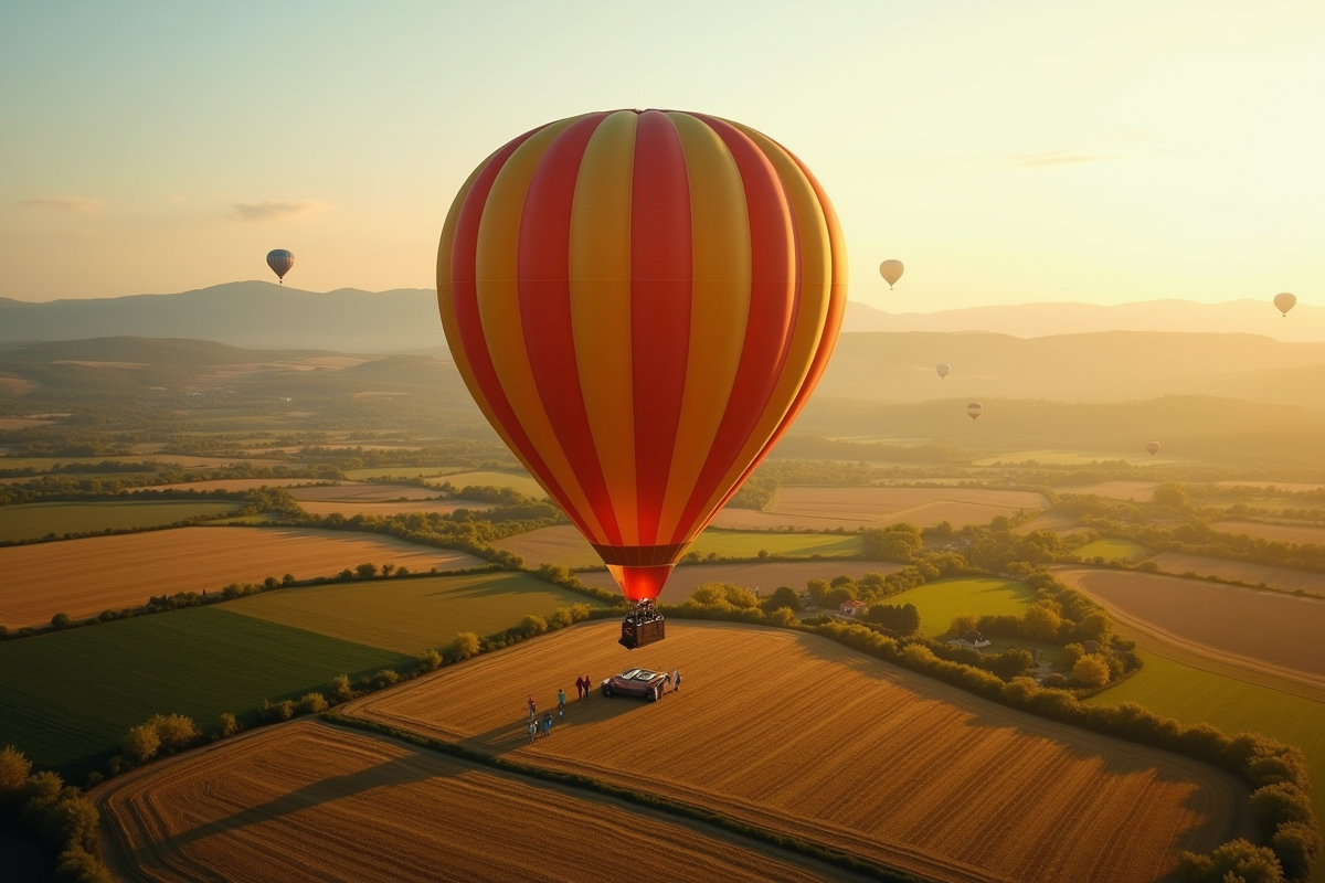 Montgolfiere vue du dessus approchant des champs avec équipe au sol