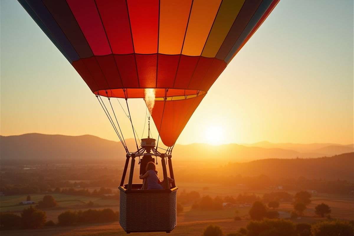 Personne montant dans une montgolfiere au lever du soleil