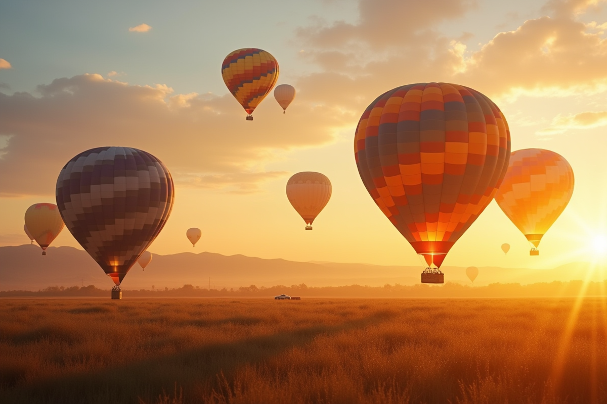 Plusieurs montgolfieres colorées atterrissent au lever du soleil dans un champ