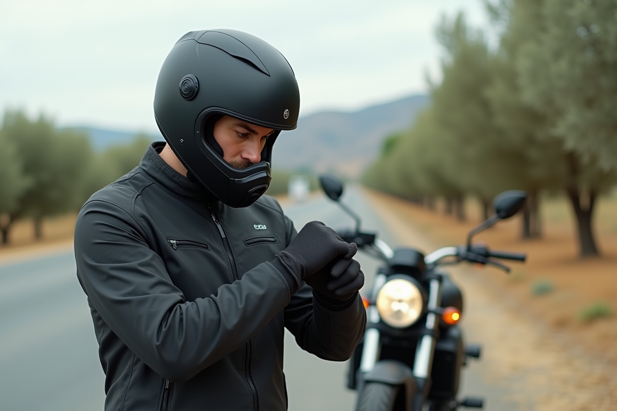 Motard homme ajustant son gant sur une route rurale espagnole