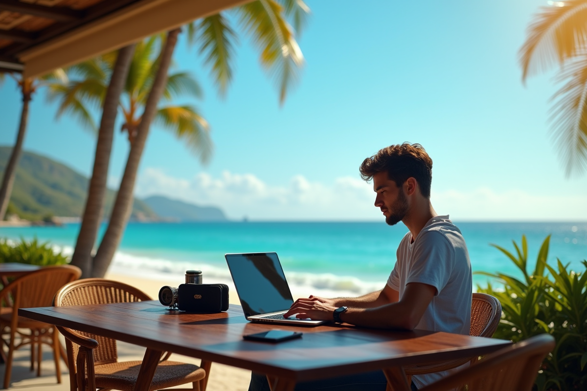 Jeune nomade digital travaillant en extérieur face à l'océan
